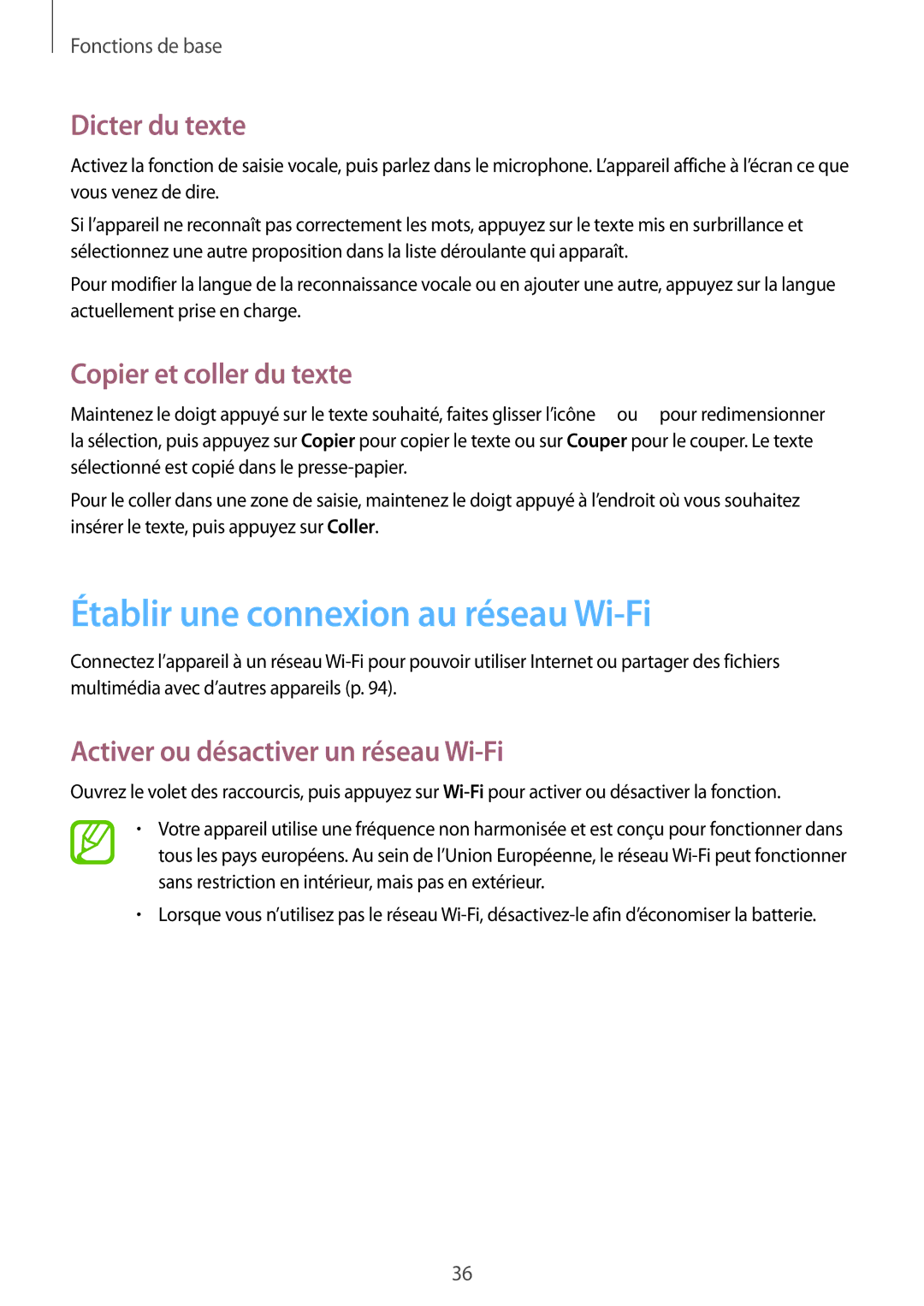 Samsung SM-T535NZWAFTM, SM-T535NZWAXEF Établir une connexion au réseau Wi-Fi, Dicter du texte, Copier et coller du texte 