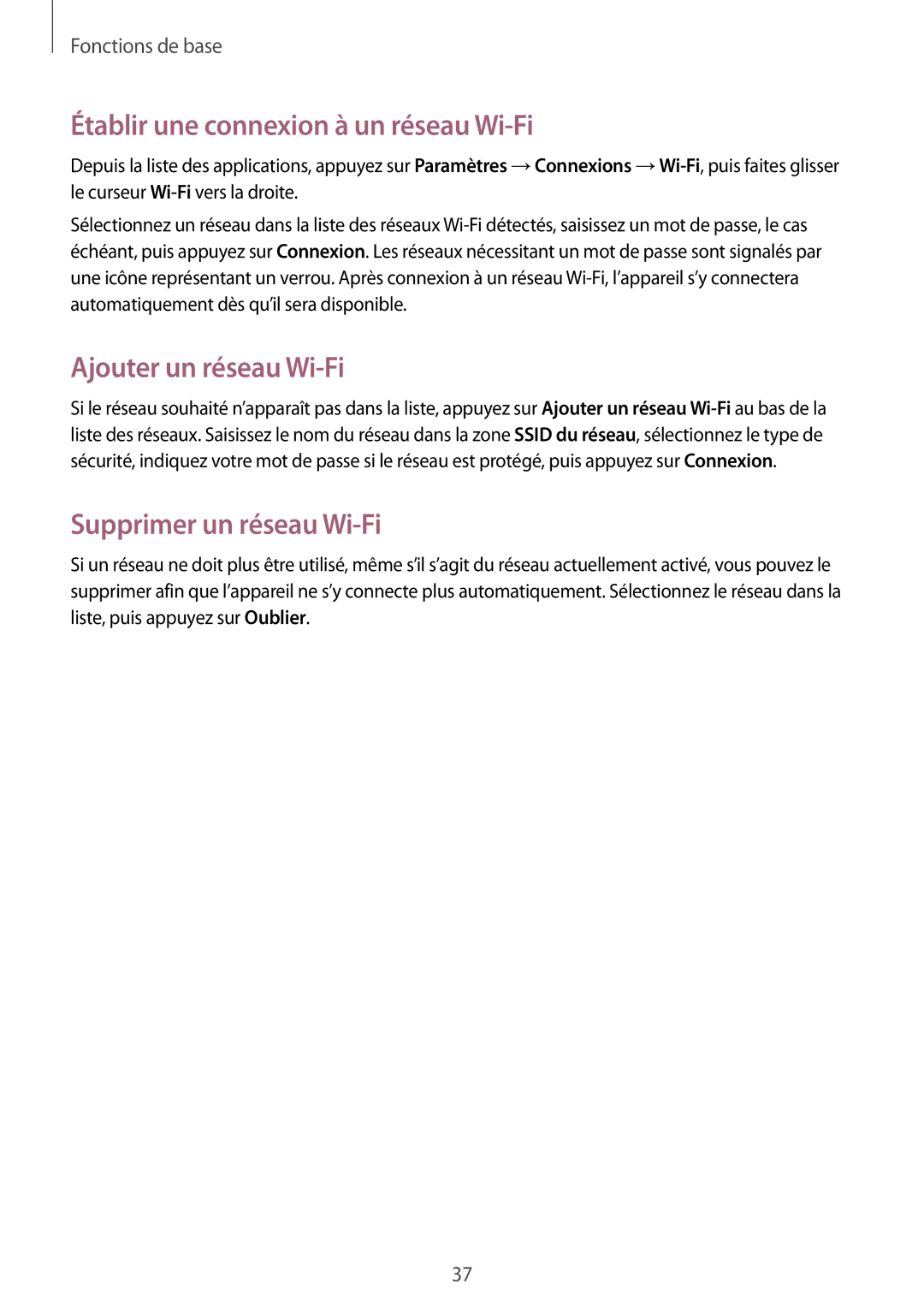 Samsung SM-T535NZWAXEF manual Établir une connexion à un réseau Wi-Fi, Ajouter un réseau Wi-Fi, Supprimer un réseau Wi-Fi 