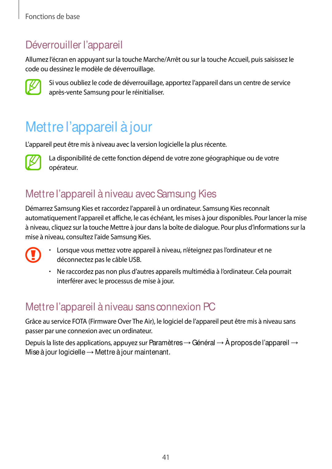 Samsung SM-T535NZWAXEF Mettre l’appareil à jour, Déverrouiller l’appareil, Mettre l’appareil à niveau avec Samsung Kies 