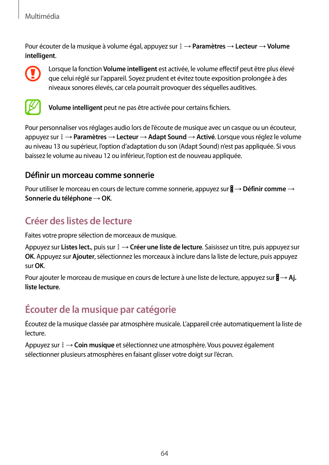 Samsung SM-T535NZWAFTM Créer des listes de lecture, Écouter de la musique par catégorie, Définir un morceau comme sonnerie 