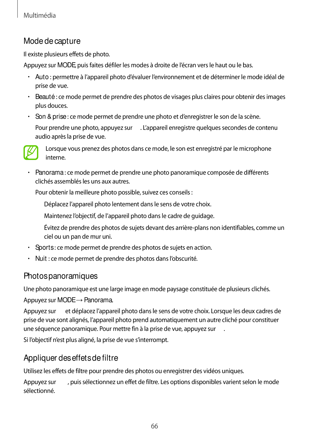 Samsung SM-T535NZWAFTM, SM-T535NZWAXEF manual Mode de capture, Photos panoramiques, Appliquer des effets de filtre 