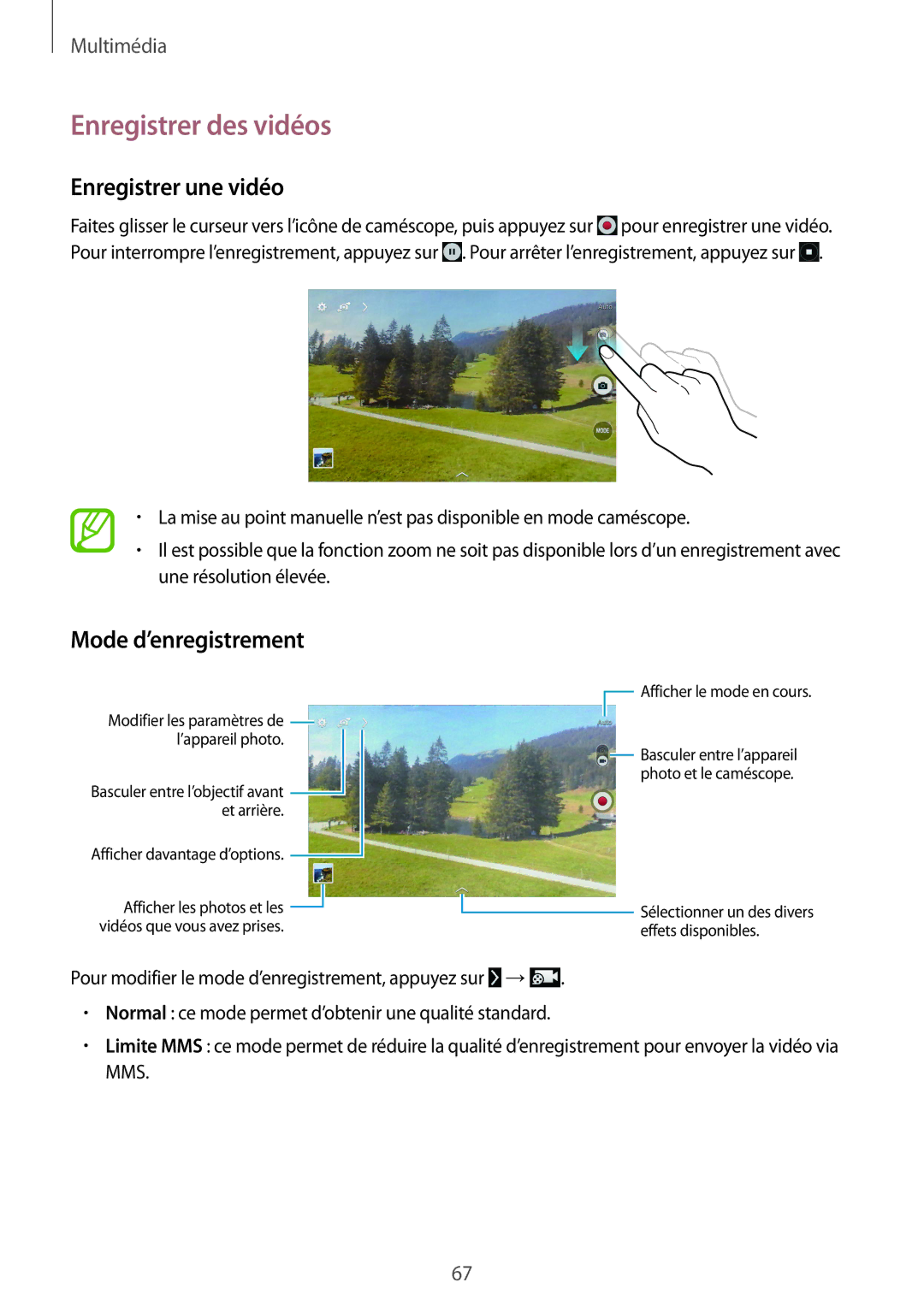 Samsung SM-T535NZWAXEF, SM-T535NZWAFTM manual Enregistrer des vidéos, Enregistrer une vidéo, Mode d’enregistrement 