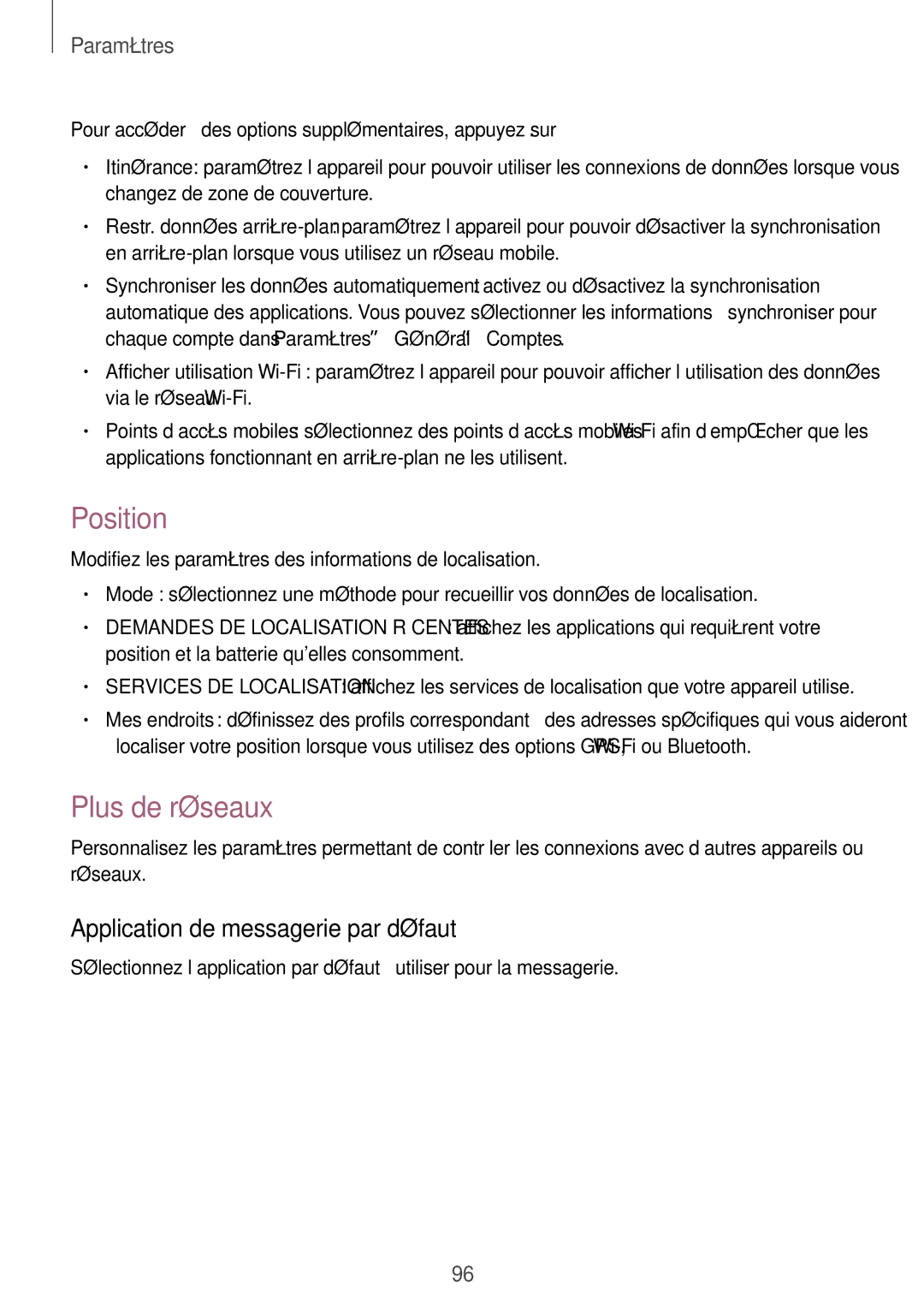 Samsung SM-T535NZWAFTM, SM-T535NZWAXEF manual Position, Plus de réseaux, Application de messagerie par défaut 