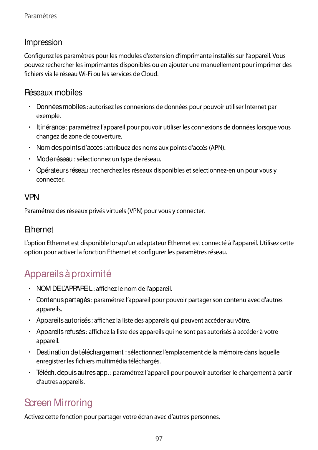 Samsung SM-T535NZWAXEF, SM-T535NZWAFTM manual Appareils à proximité, Screen Mirroring, Impression, Réseaux mobiles, Ethernet 