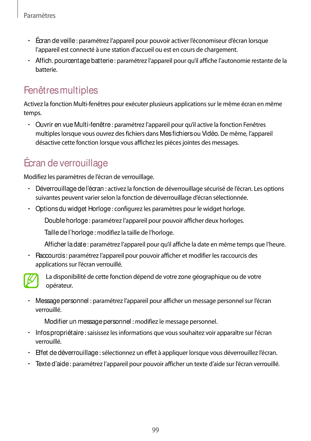 Samsung SM-T535NZWAXEF, SM-T535NZWAFTM manual Fenêtres multiples, Écran de verrouillage 