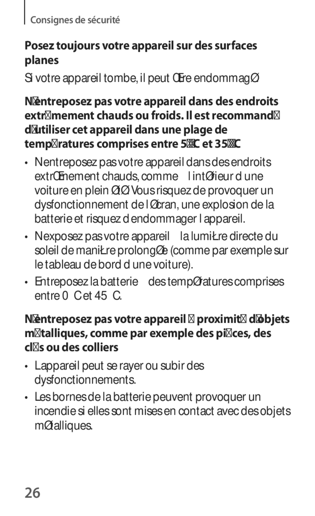 Samsung SM-T535NZWAFTM, SM-T535NZWAXEF manual Posez toujours votre appareil sur des surfaces planes 