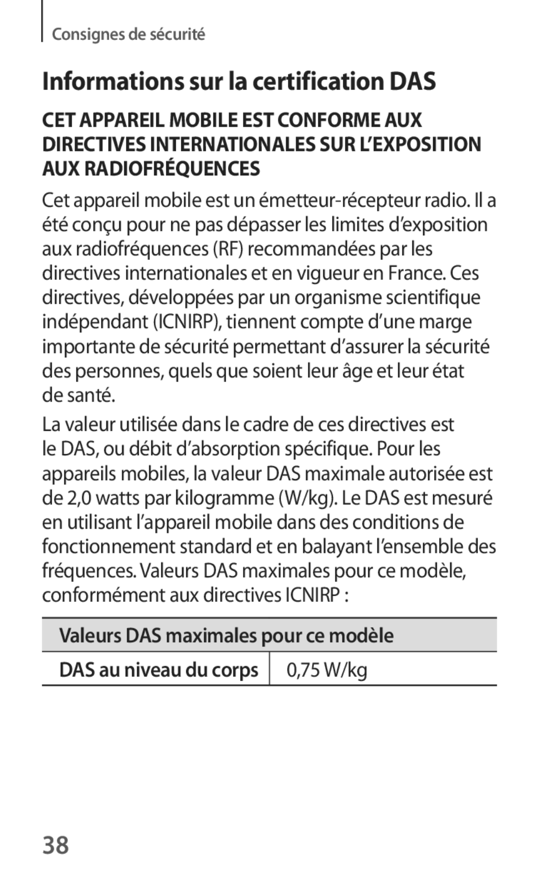 Samsung SM-T535NZWAFTM manual Informations sur la certification DAS, Valeurs DAS maximales pour ce modèle, 75 W/kg 