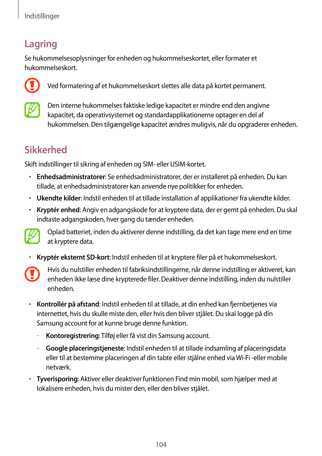 Samsung SM-T535NZWANEE, SM-T535NYKENEE, SM-T535NYKANEE, SM-T535NDWANEE manual Lagring, Sikkerhed 