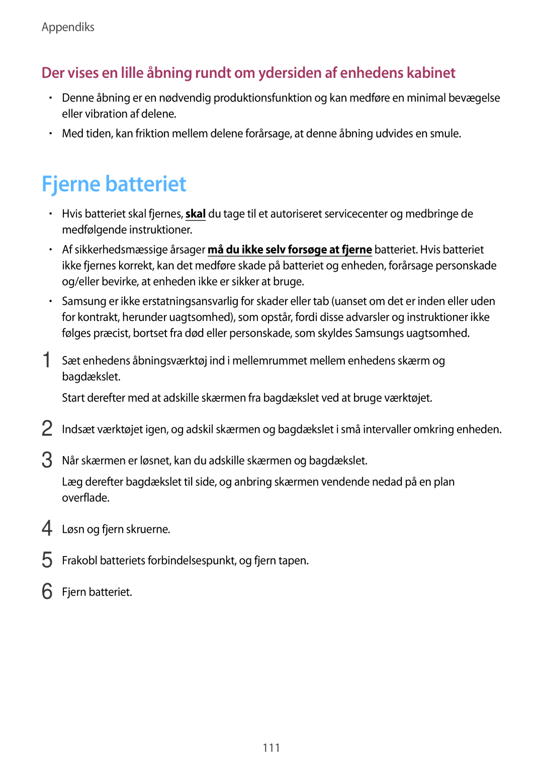 Samsung SM-T535NDWANEE, SM-T535NZWANEE, SM-T535NYKENEE, SM-T535NYKANEE manual Fjerne batteriet, 111 
