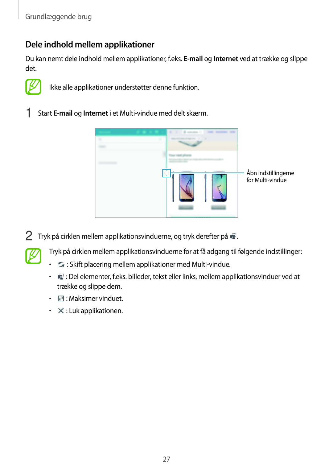 Samsung SM-T535NDWANEE, SM-T535NZWANEE, SM-T535NYKENEE, SM-T535NYKANEE manual Dele indhold mellem applikationer 