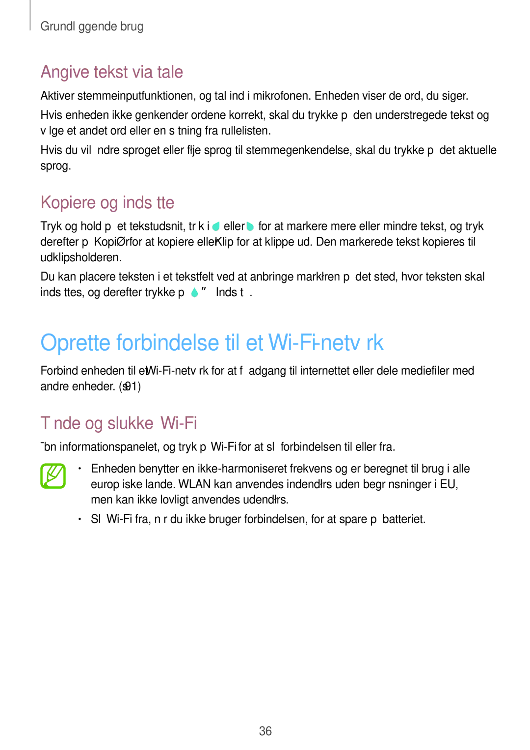 Samsung SM-T535NZWANEE manual Oprette forbindelse til et Wi-Fi-netværk, Angive tekst via tale, Kopiere og indsætte 