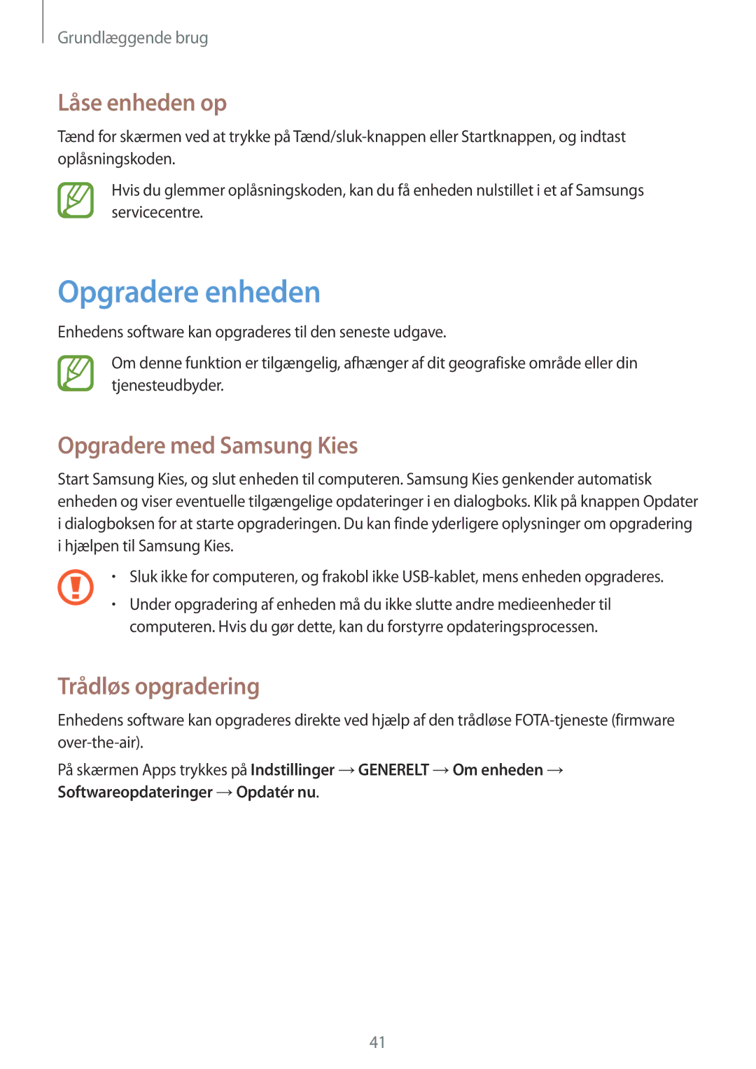 Samsung SM-T535NYKENEE, SM-T535NZWANEE Opgradere enheden, Låse enheden op, Opgradere med Samsung Kies, Trådløs opgradering 