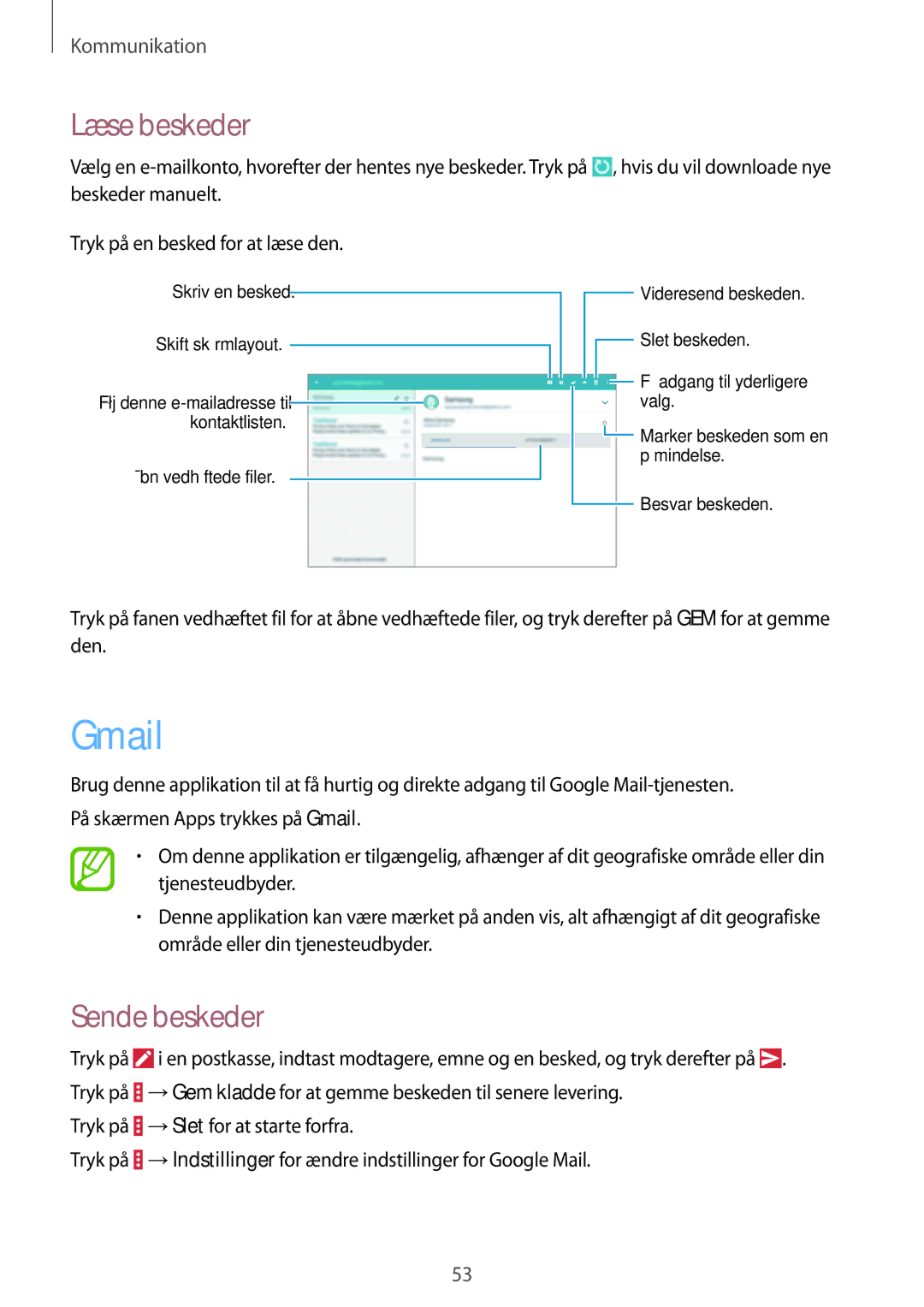 Samsung SM-T535NYKENEE, SM-T535NZWANEE, SM-T535NYKANEE, SM-T535NDWANEE manual Gmail, Læse beskeder 