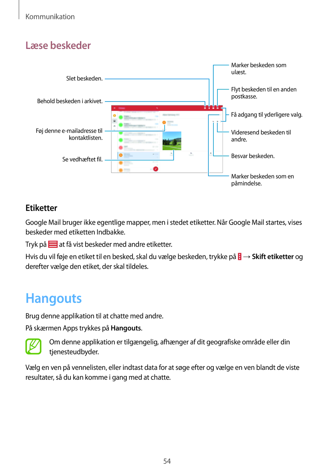 Samsung SM-T535NYKANEE, SM-T535NZWANEE, SM-T535NYKENEE, SM-T535NDWANEE manual Hangouts, Etiketter 