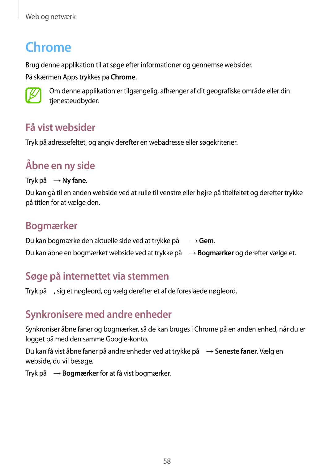 Samsung SM-T535NYKANEE, SM-T535NZWANEE, SM-T535NYKENEE, SM-T535NDWANEE manual Chrome, Synkronisere med andre enheder 