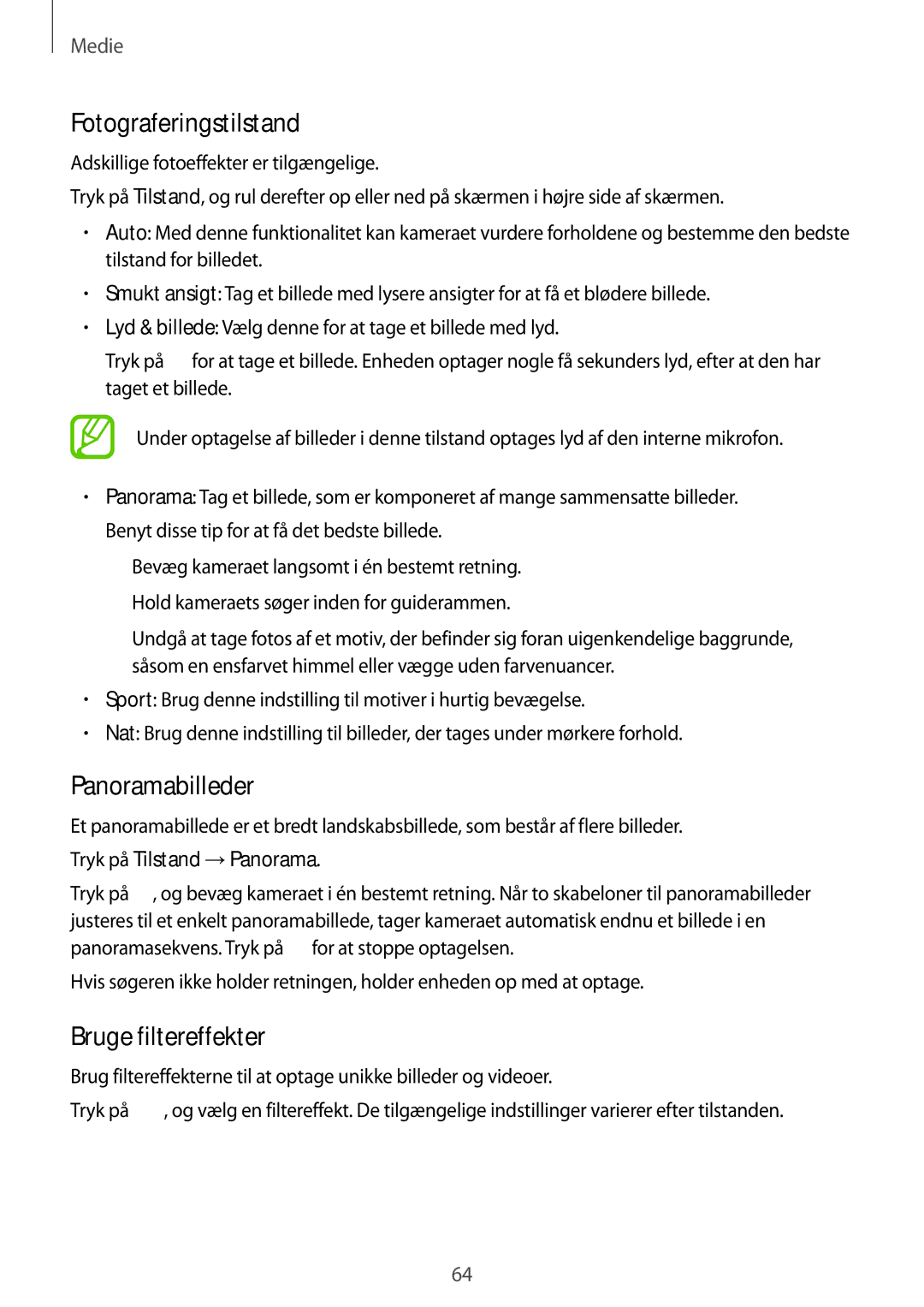 Samsung SM-T535NZWANEE manual Fotograferingstilstand, Panoramabilleder, Bruge filtereffekter, Tryk på Tilstand →Panorama 
