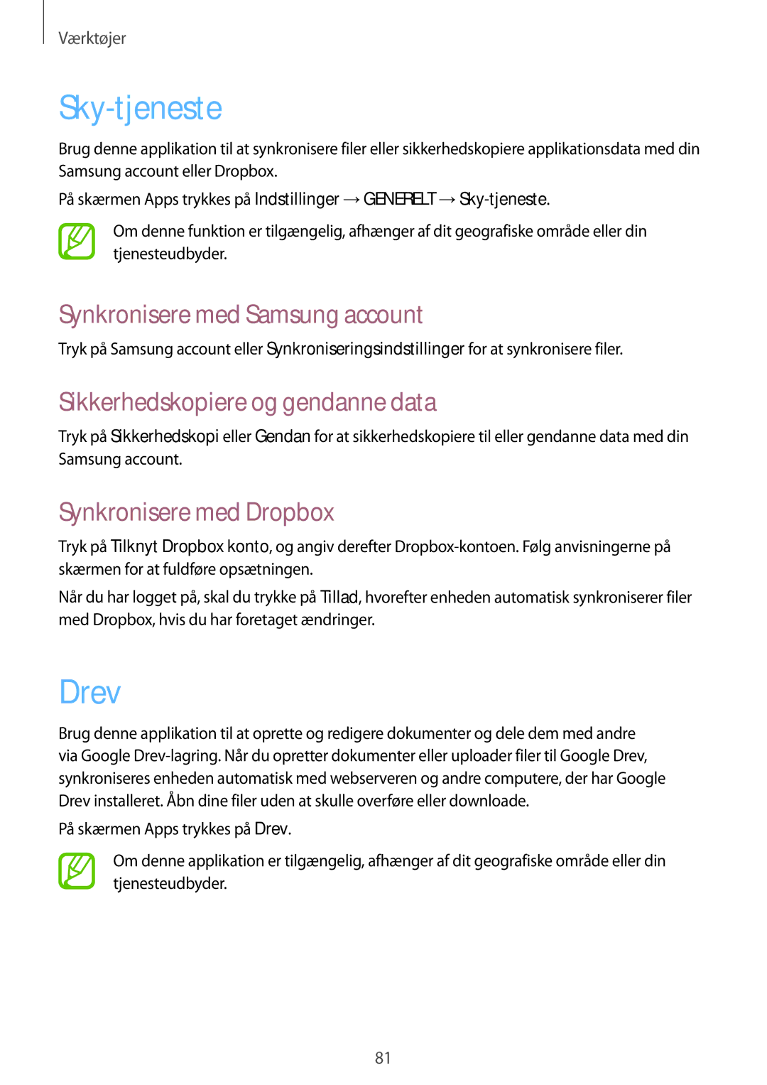 Samsung SM-T535NYKENEE manual Sky-tjeneste, Drev, Synkronisere med Samsung account, Sikkerhedskopiere og gendanne data 