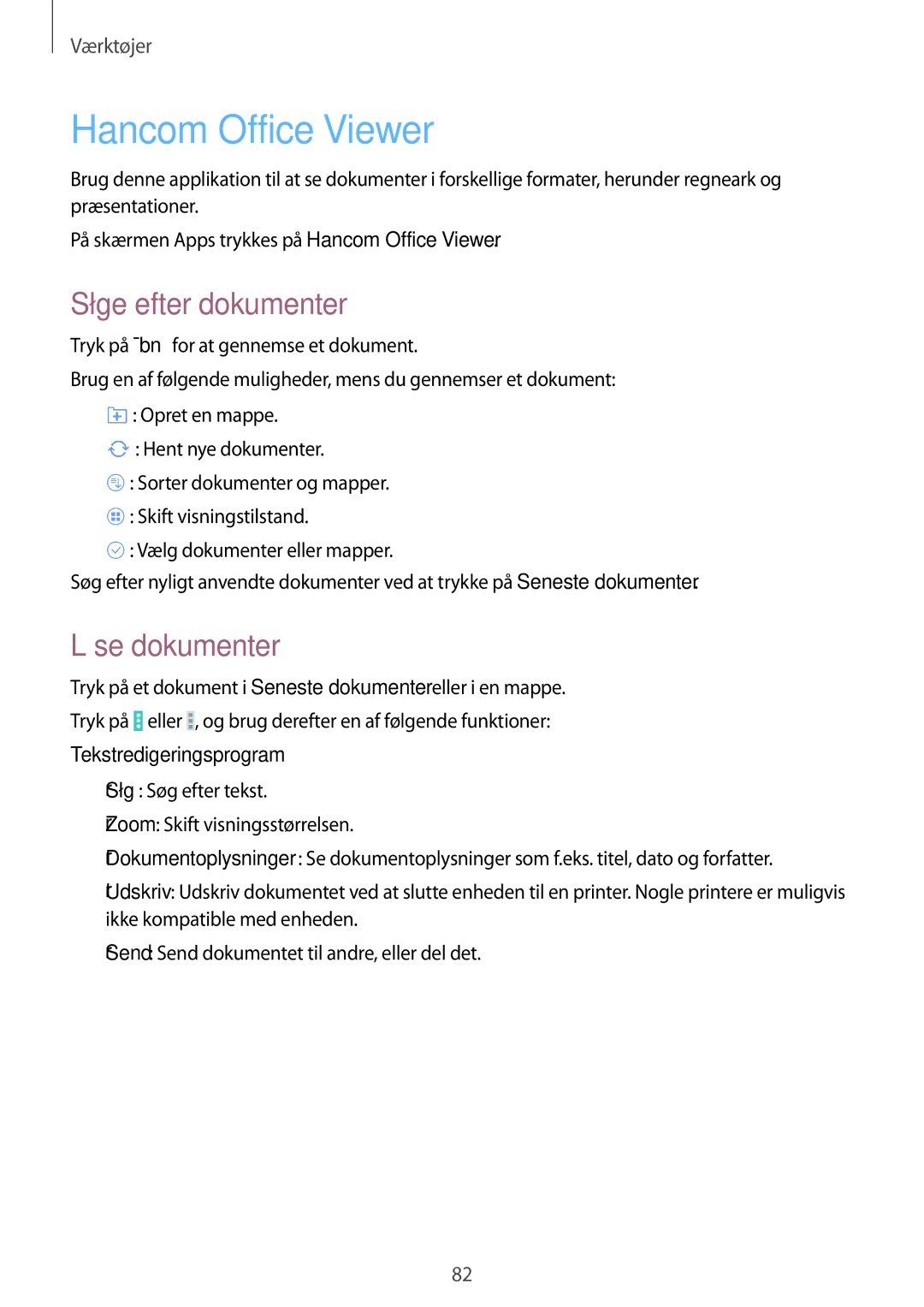 Samsung SM-T535NYKANEE manual Hancom Office Viewer, Søge efter dokumenter, Læse dokumenter, Tekstredigeringsprogram 