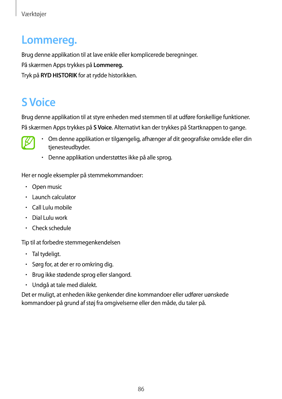 Samsung SM-T535NYKANEE, SM-T535NZWANEE, SM-T535NYKENEE, SM-T535NDWANEE manual Lommereg, Voice 