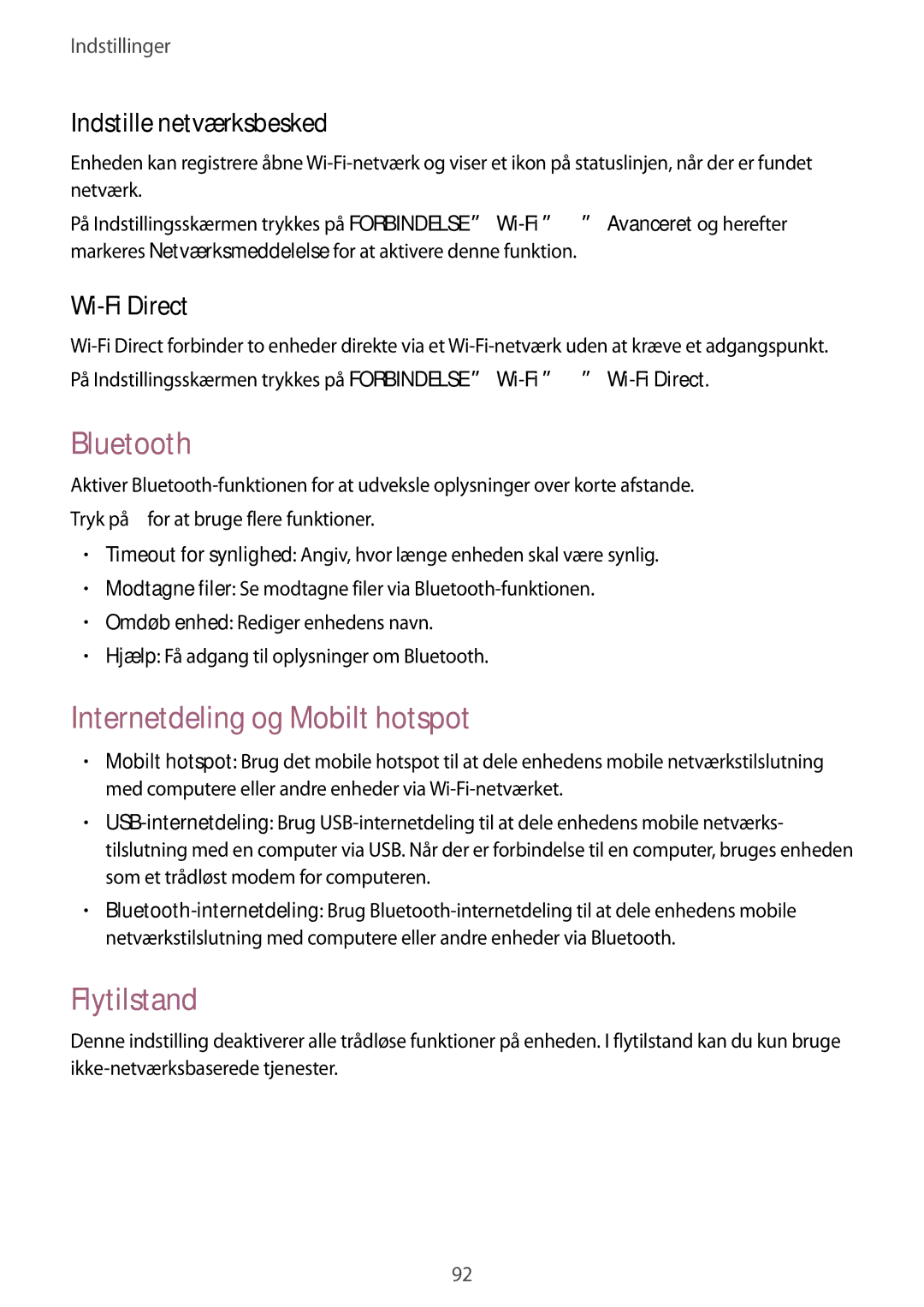 Samsung SM-T535NZWANEE Bluetooth, Internetdeling og Mobilt hotspot, Flytilstand, Indstille netværksbesked, Wi-Fi Direct 