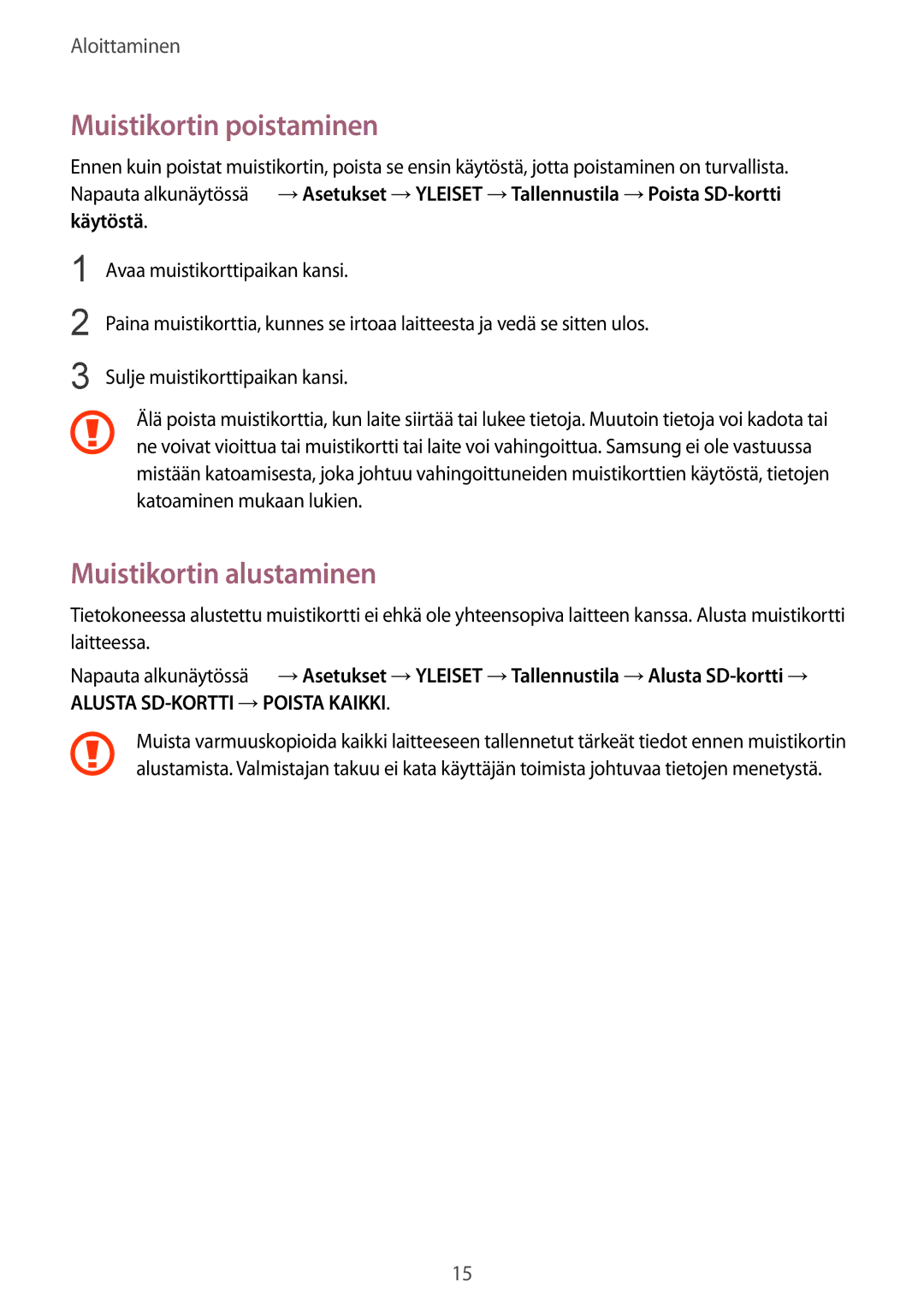 Samsung SM-T535NDWANEE, SM-T535NZWANEE, SM-T535NYKENEE manual Muistikortin poistaminen, Muistikortin alustaminen, Käytöstä 