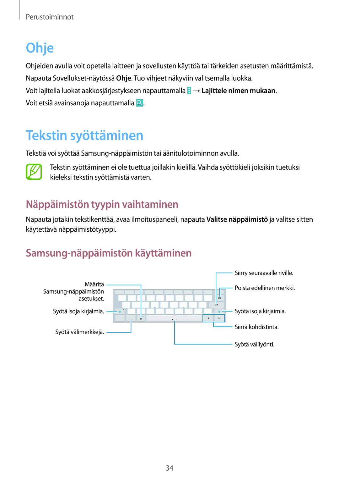 Samsung SM-T535NYKANEE manual Ohje, Tekstin syöttäminen, Näppäimistön tyypin vaihtaminen, Samsung-näppäimistön käyttäminen 