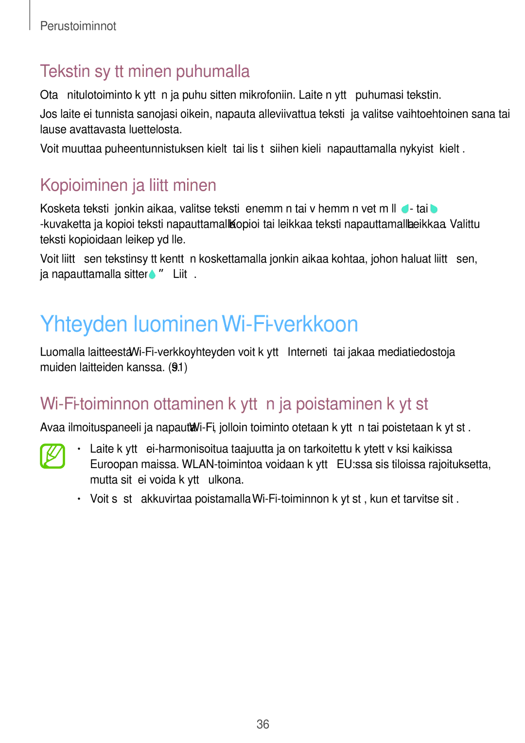 Samsung SM-T535NZWANEE manual Yhteyden luominen Wi-Fi-verkkoon, Tekstin syöttäminen puhumalla, Kopioiminen ja liittäminen 