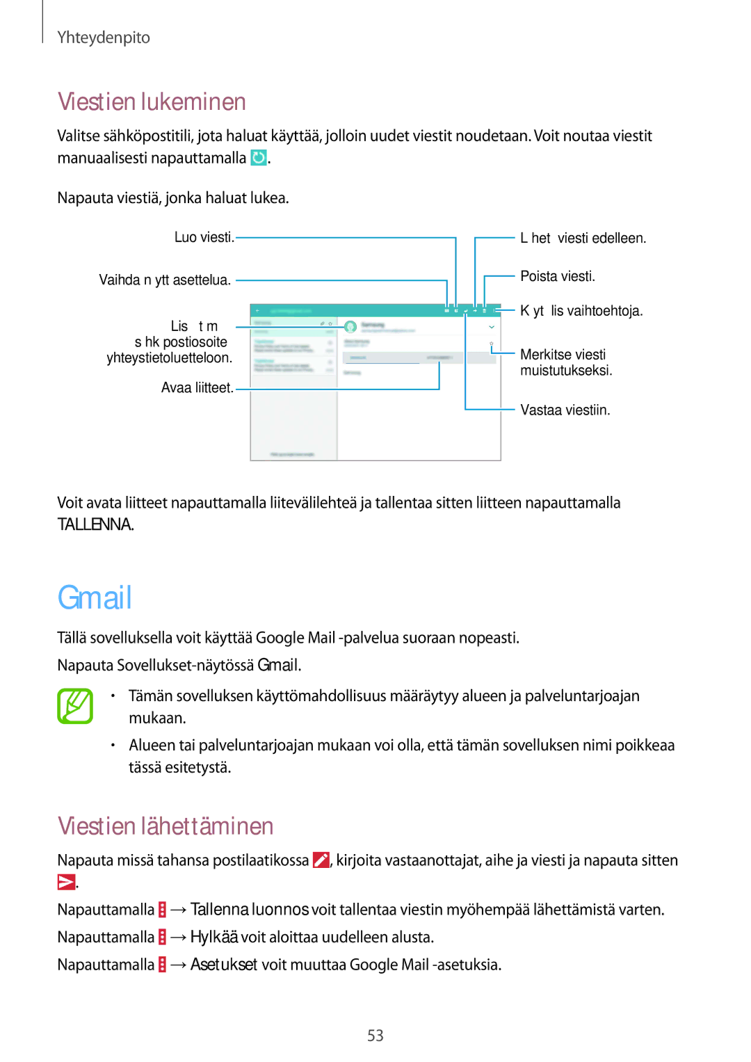 Samsung SM-T535NYKENEE, SM-T535NZWANEE, SM-T535NYKANEE, SM-T535NDWANEE manual Gmail, Viestien lukeminen 