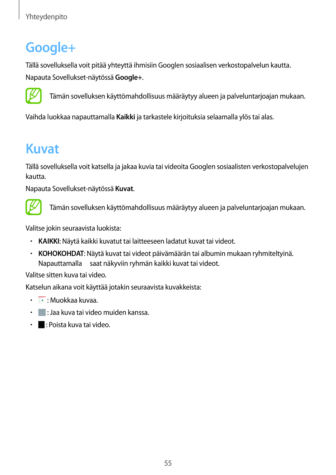 Samsung SM-T535NDWANEE, SM-T535NZWANEE, SM-T535NYKENEE, SM-T535NYKANEE manual Google+, Kuvat 