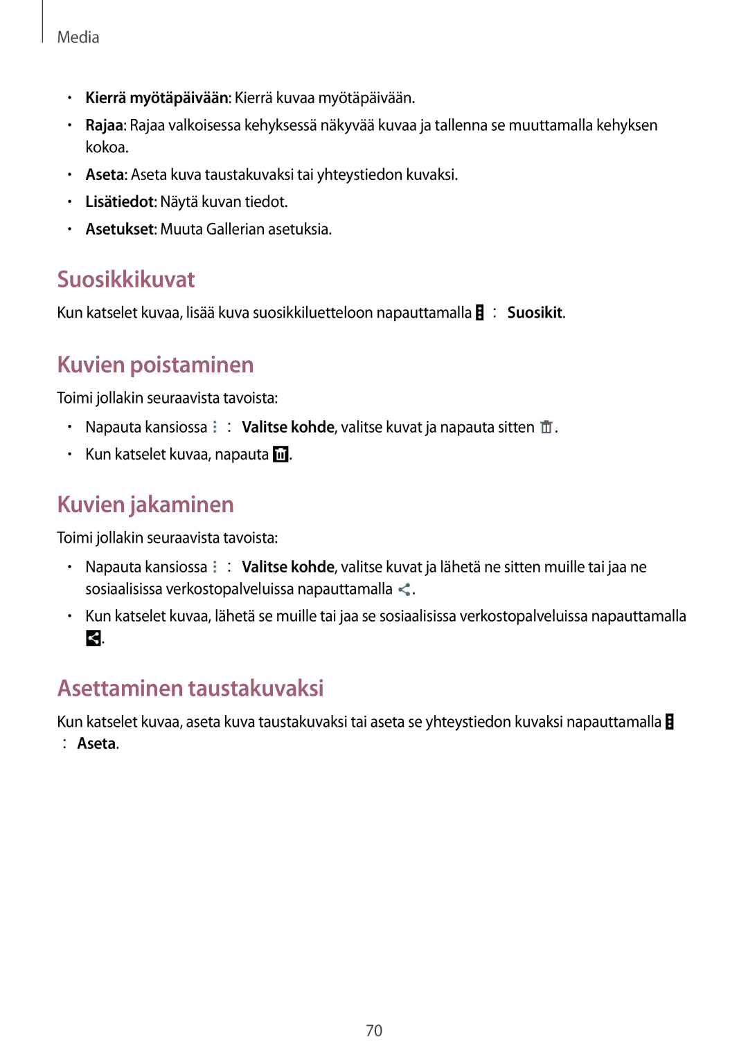 Samsung SM-T535NYKANEE manual Suosikkikuvat, Kuvien poistaminen, Kuvien jakaminen, Asettaminen taustakuvaksi, → Aseta 