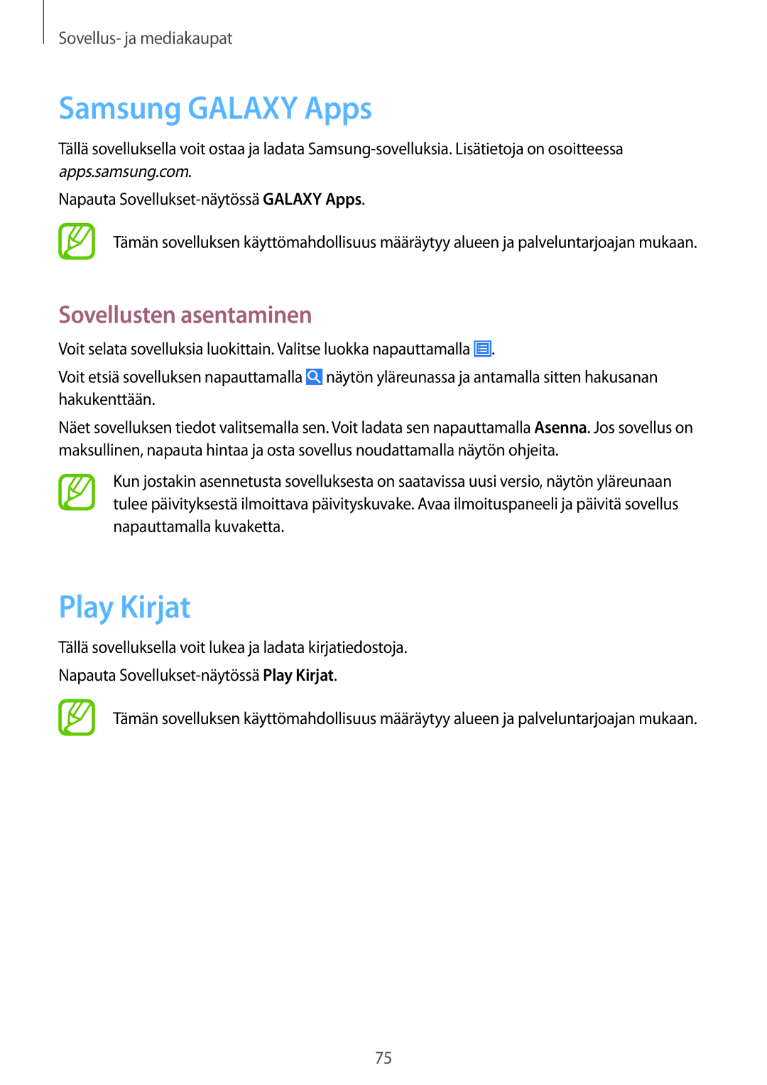 Samsung SM-T535NDWANEE, SM-T535NZWANEE, SM-T535NYKENEE, SM-T535NYKANEE manual Samsung Galaxy Apps, Play Kirjat 