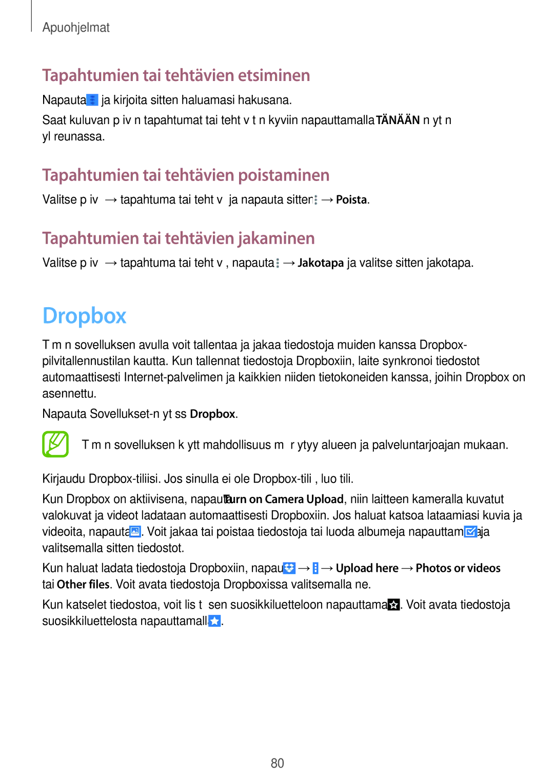 Samsung SM-T535NZWANEE, SM-T535NYKENEE Dropbox, Tapahtumien tai tehtävien etsiminen, Tapahtumien tai tehtävien poistaminen 