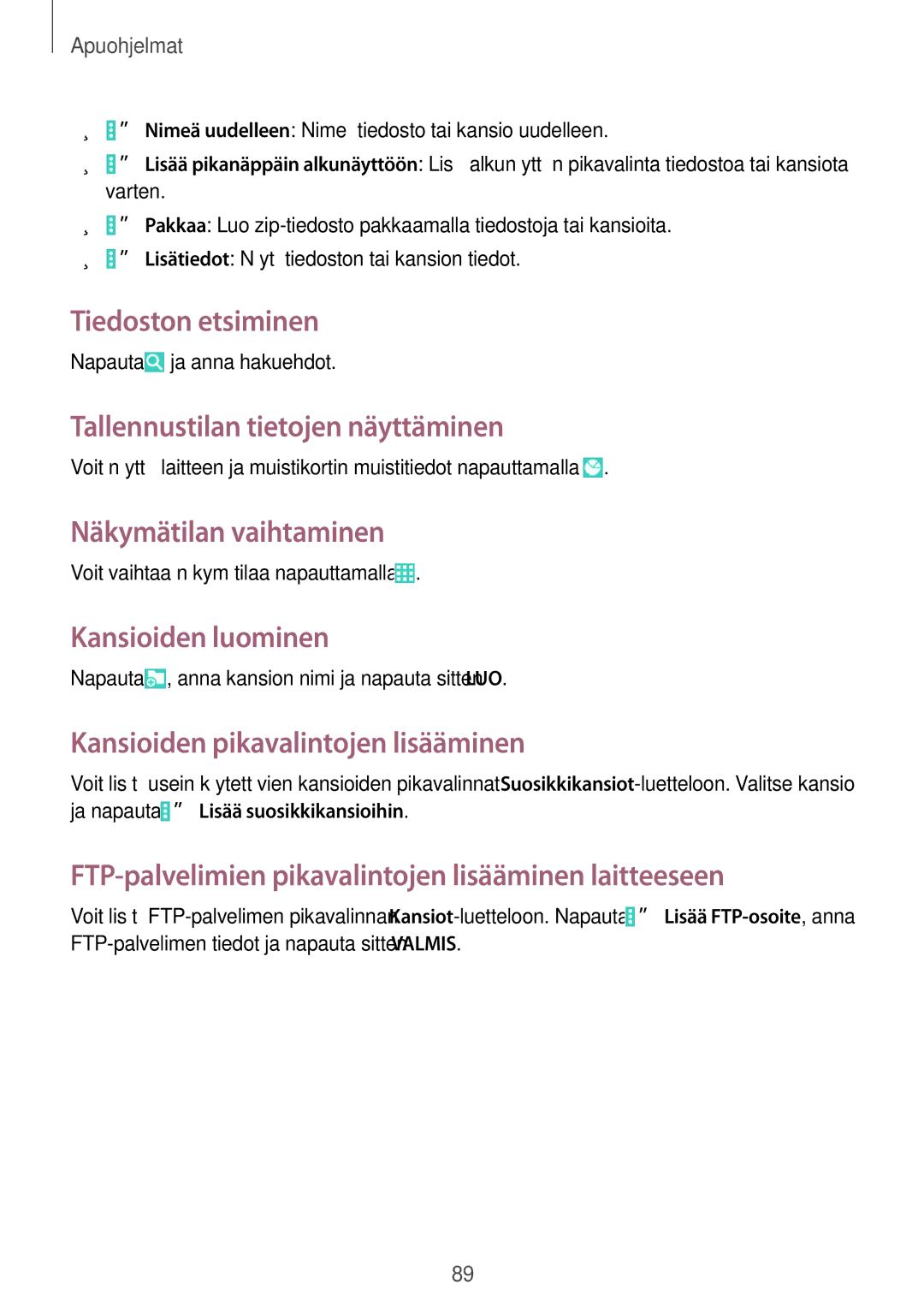 Samsung SM-T535NYKENEE, SM-T535NZWANEE Tiedoston etsiminen, Tallennustilan tietojen näyttäminen, Näkymätilan vaihtaminen 