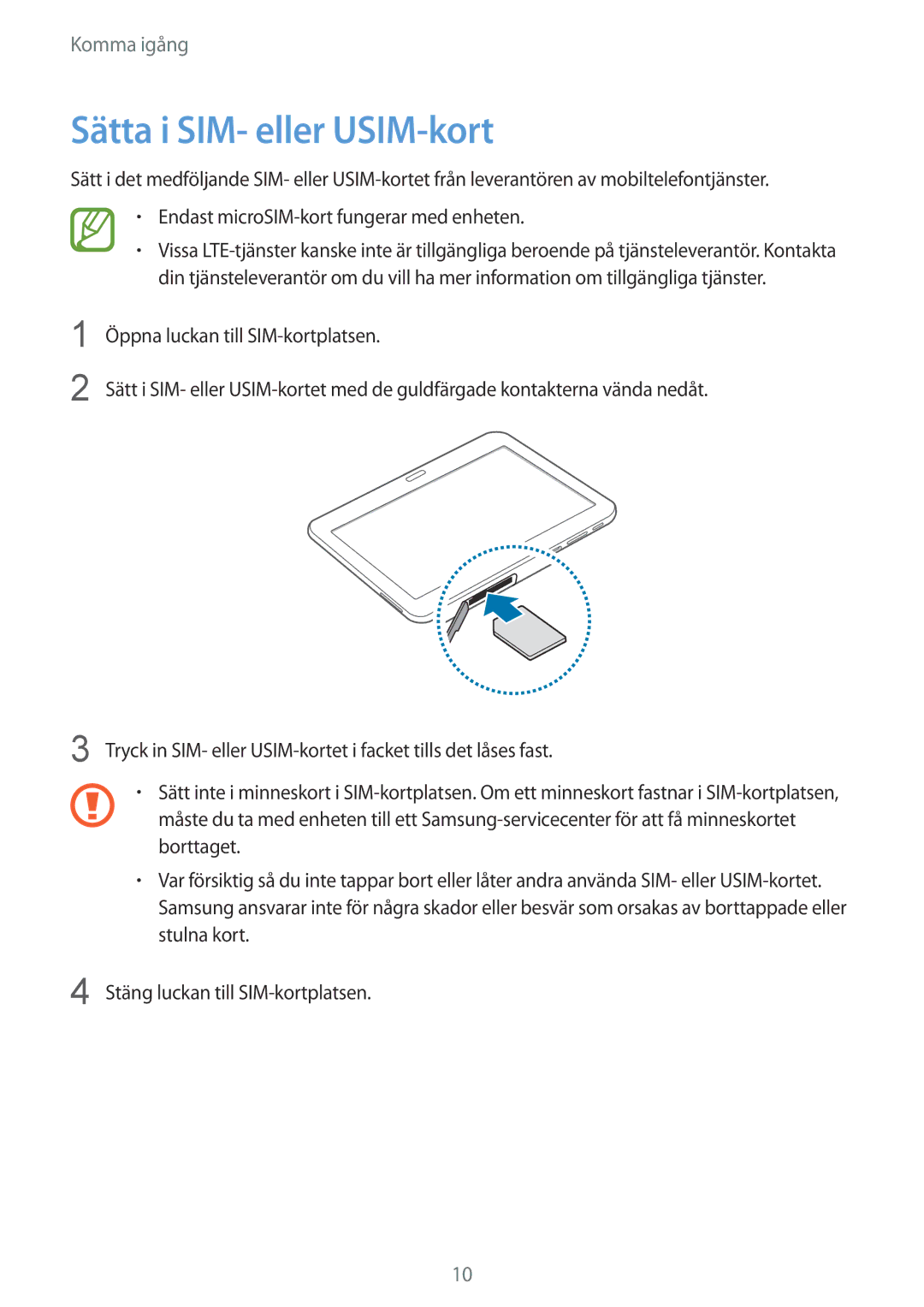 Samsung SM-T535NYKANEE, SM-T535NZWANEE, SM-T535NYKENEE, SM-T535NDWANEE manual Sätta i SIM- eller USIM-kort 