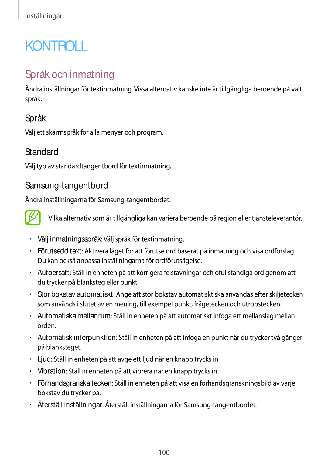 Samsung SM-T535NZWANEE, SM-T535NYKENEE, SM-T535NYKANEE, SM-T535NDWANEE Språk och inmatning, Standard, Samsung-tangentbord 