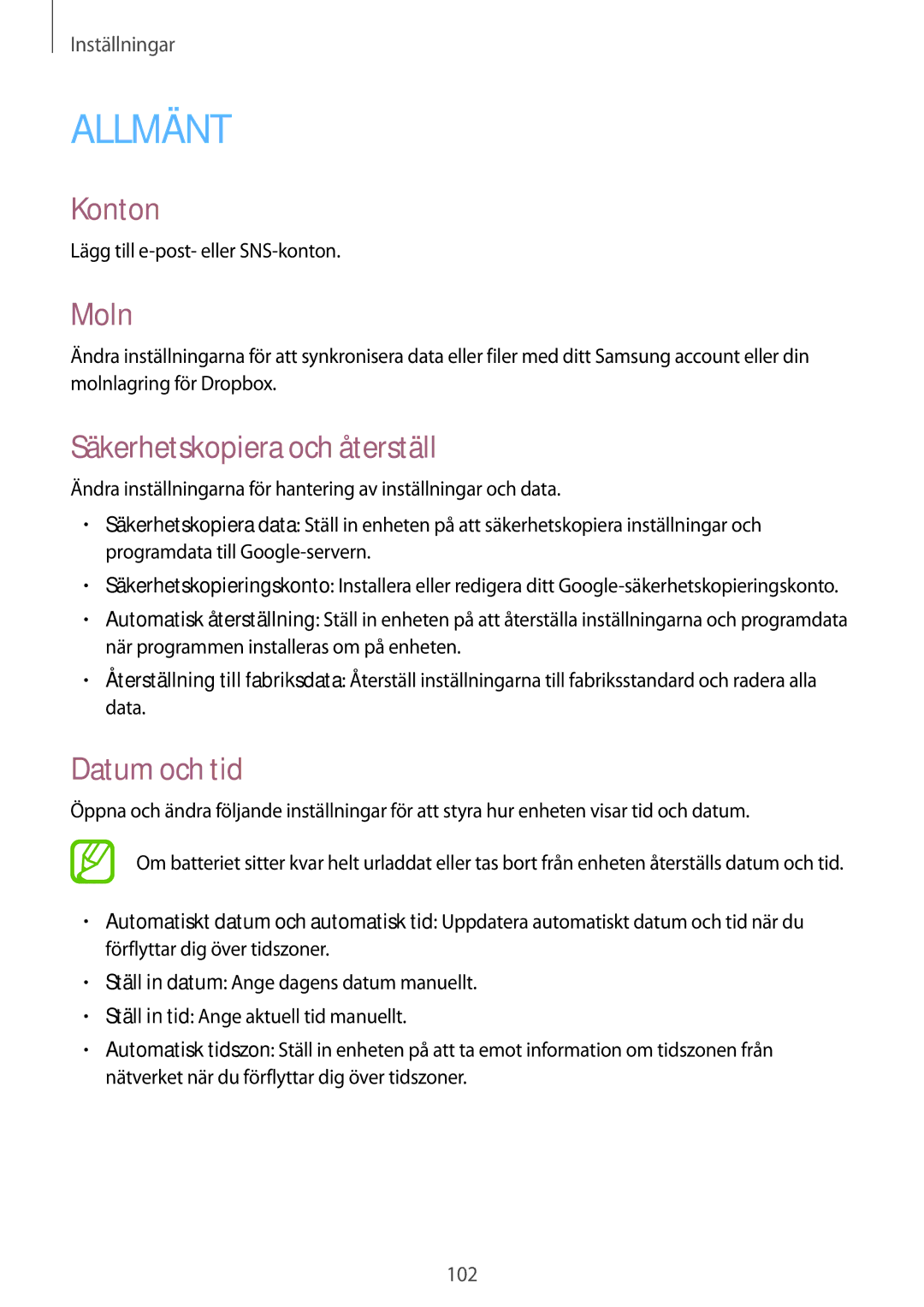 Samsung SM-T535NYKANEE, SM-T535NZWANEE, SM-T535NYKENEE manual Konton, Moln, Säkerhetskopiera och återställ, Datum och tid 