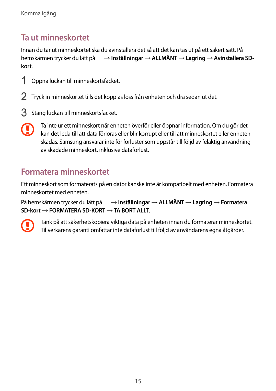 Samsung SM-T535NDWANEE, SM-T535NZWANEE, SM-T535NYKENEE, SM-T535NYKANEE manual Ta ut minneskortet, Formatera minneskortet 