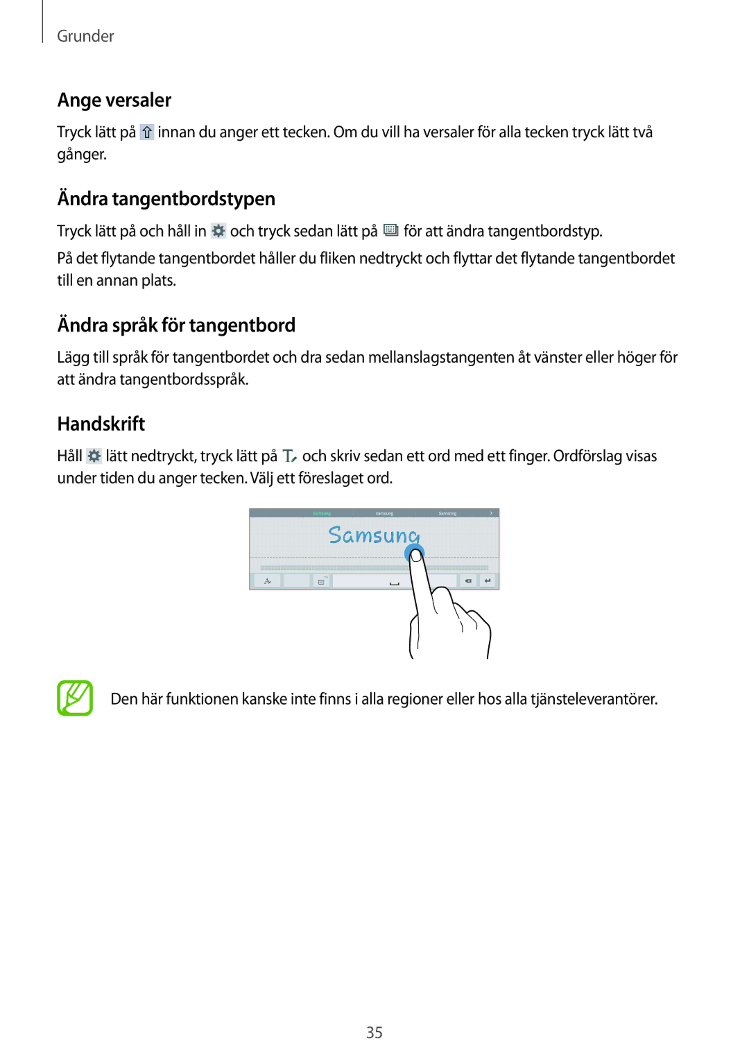 Samsung SM-T535NDWANEE, SM-T535NZWANEE Ange versaler, Ändra tangentbordstypen, Ändra språk för tangentbord, Handskrift 