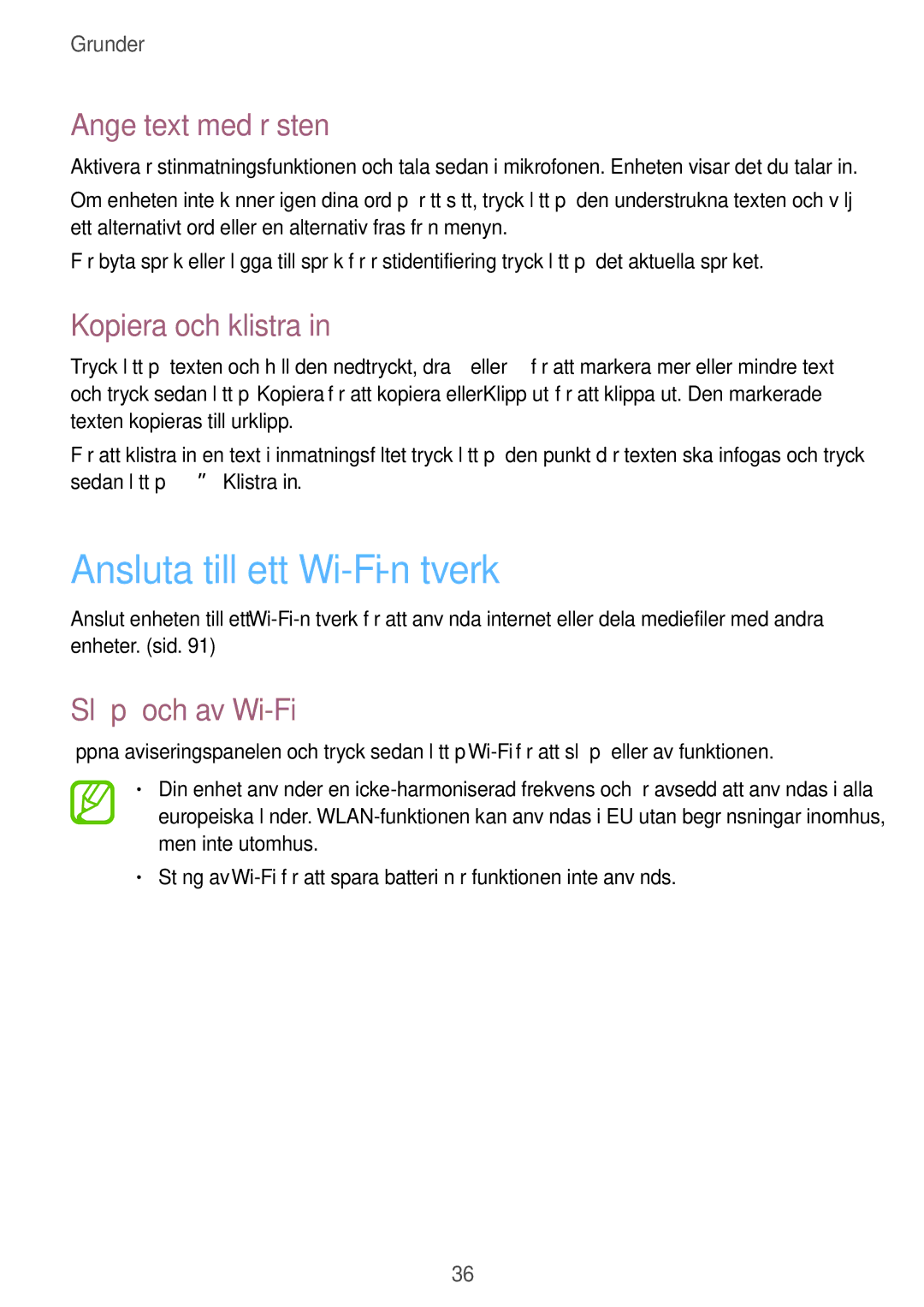 Samsung SM-T535NZWANEE Ansluta till ett Wi-Fi-nätverk, Ange text med rösten, Kopiera och klistra, Slå på och av Wi-Fi 