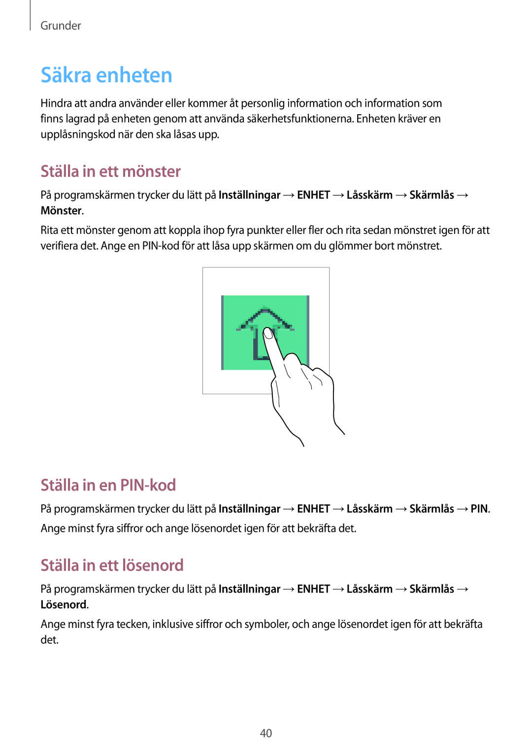 Samsung SM-T535NZWANEE, SM-T535NYKENEE Säkra enheten, Ställa in ett mönster, Ställa in en PIN-kod, Ställa in ett lösenord 