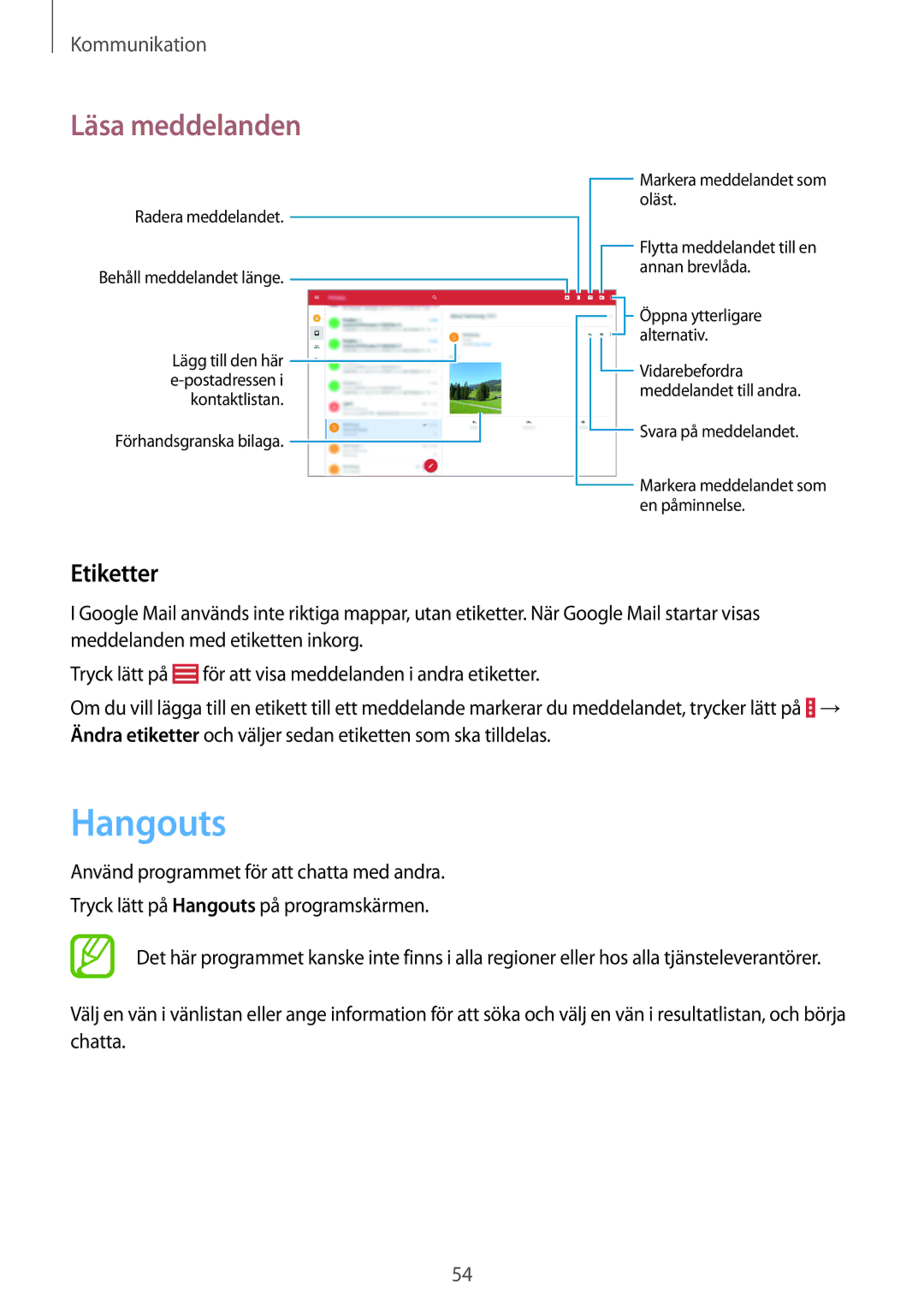 Samsung SM-T535NYKANEE, SM-T535NZWANEE, SM-T535NYKENEE, SM-T535NDWANEE manual Hangouts, Etiketter 