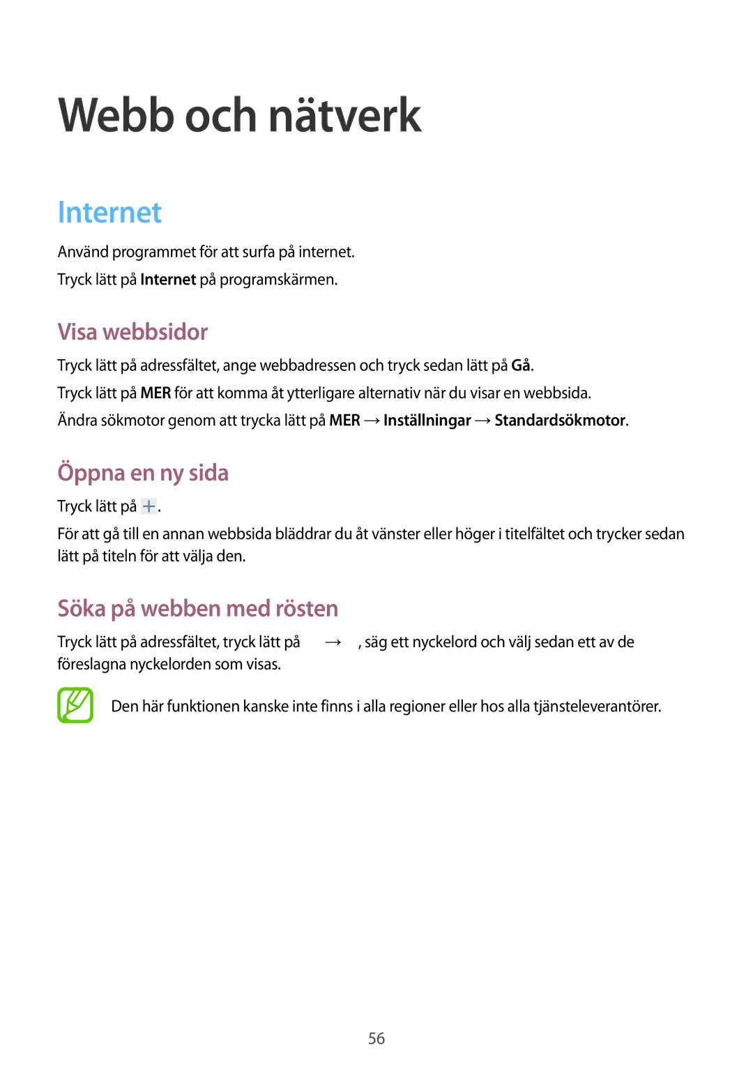 Samsung SM-T535NZWANEE manual Webb och nätverk, Internet, Visa webbsidor, Öppna en ny sida, Söka på webben med rösten 