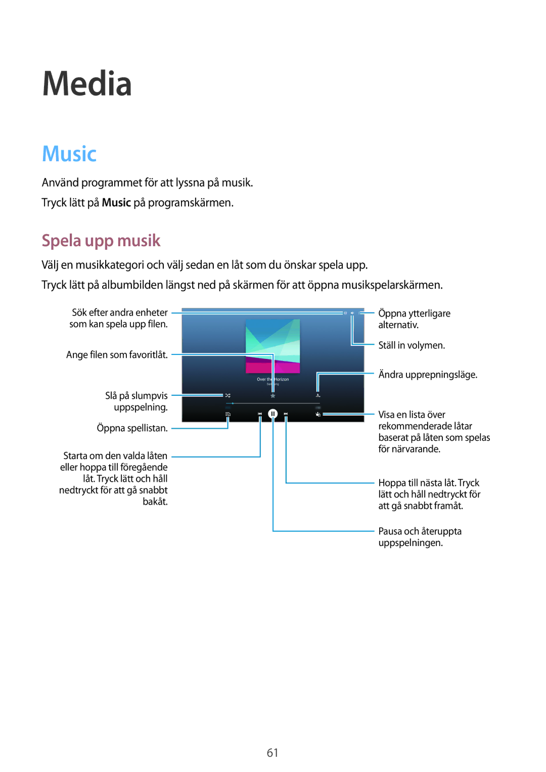 Samsung SM-T535NYKENEE, SM-T535NZWANEE, SM-T535NYKANEE, SM-T535NDWANEE manual Media, Music, Spela upp musik 