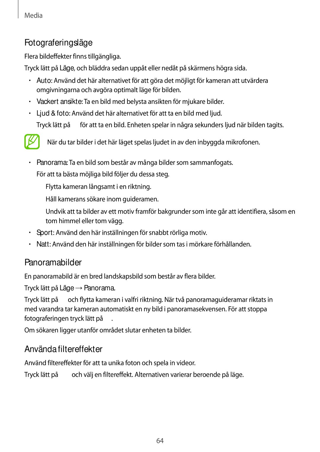 Samsung SM-T535NZWANEE, SM-T535NYKENEE, SM-T535NYKANEE manual Fotograferingsläge, Panoramabilder, Använda filtereffekter 