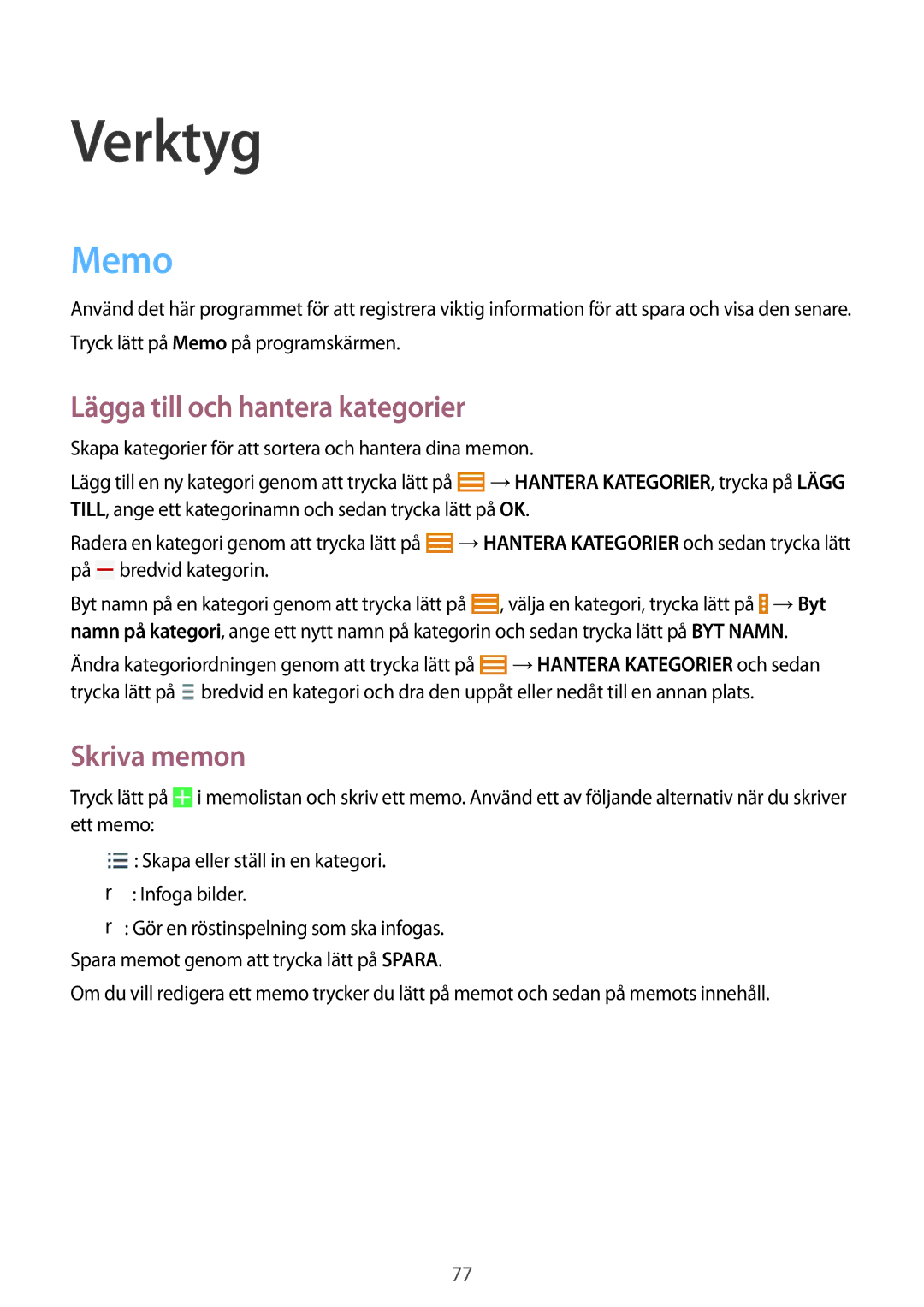 Samsung SM-T535NYKENEE, SM-T535NZWANEE, SM-T535NYKANEE manual Verktyg, Memo, Lägga till och hantera kategorier, Skriva memon 