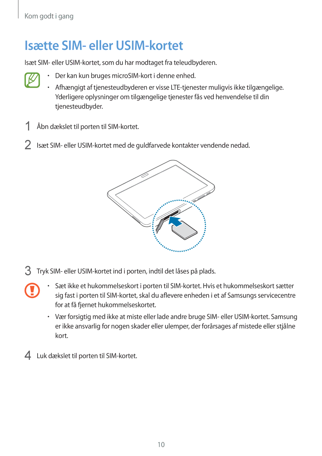 Samsung SM-T535NYKANEE, SM-T535NZWANEE, SM-T535NYKENEE, SM-T535NDWANEE manual Isætte SIM- eller USIM-kortet 