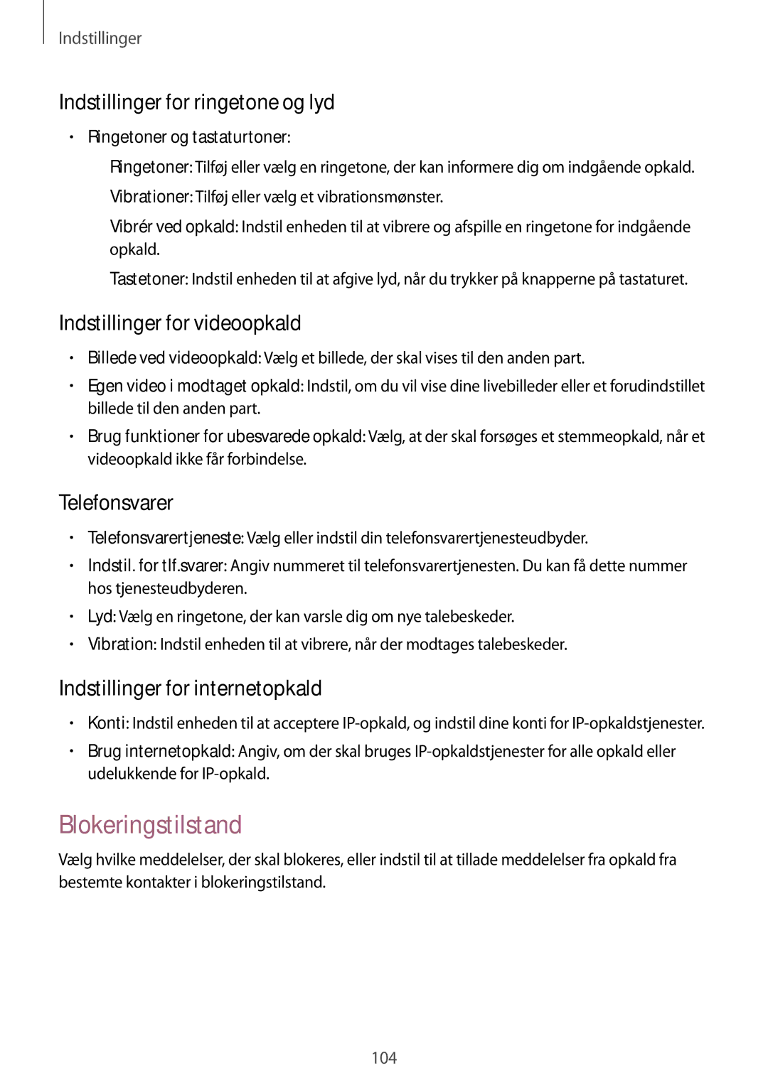 Samsung SM-T535NZWANEE manual Blokeringstilstand, Indstillinger for ringetone og lyd, Indstillinger for videoopkald 