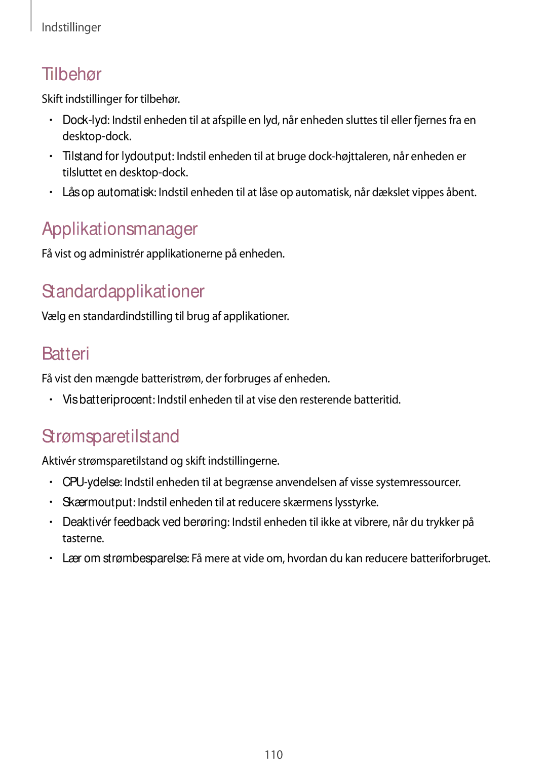 Samsung SM-T535NYKANEE, SM-T535NZWANEE Tilbehør, Applikationsmanager, Standardapplikationer, Batteri, Strømsparetilstand 