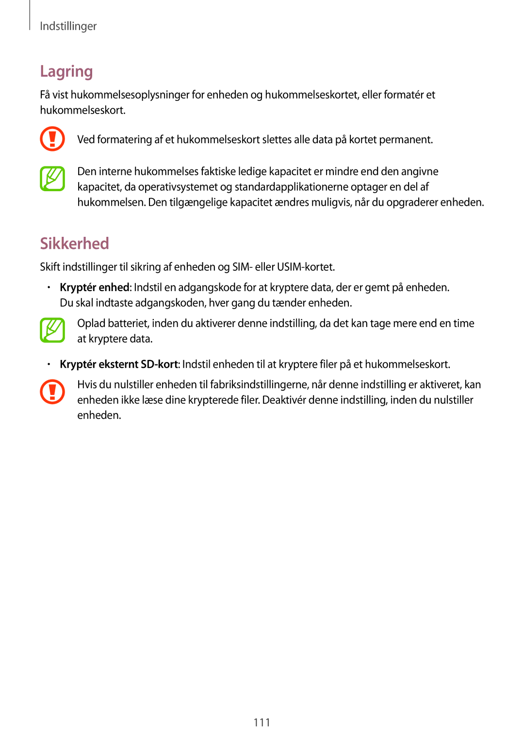 Samsung SM-T535NDWANEE, SM-T535NZWANEE, SM-T535NYKENEE, SM-T535NYKANEE manual Lagring, Sikkerhed 