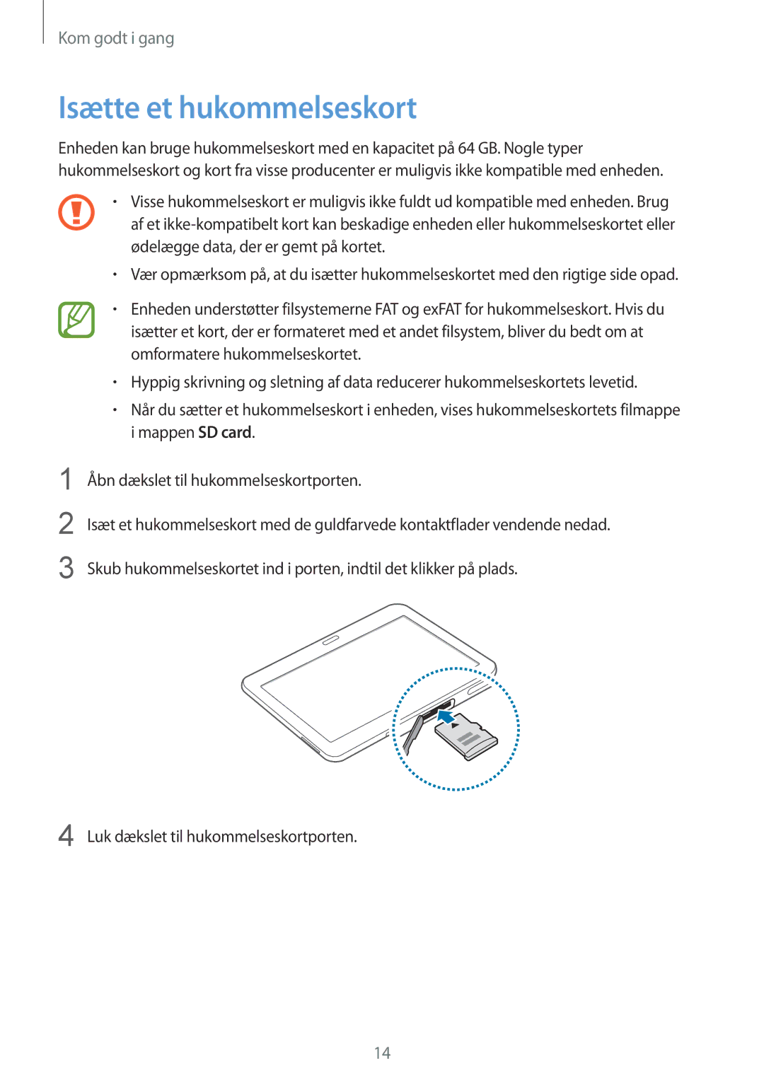 Samsung SM-T535NYKANEE, SM-T535NZWANEE, SM-T535NYKENEE, SM-T535NDWANEE manual Isætte et hukommelseskort 